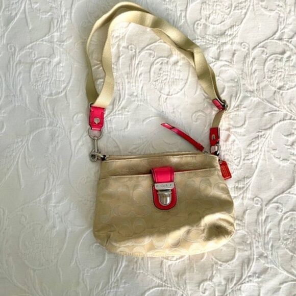 Coach Tan Cream Coral Cross Body Bag Signature Print Fabric Leather Purse - Picture 1 of 8